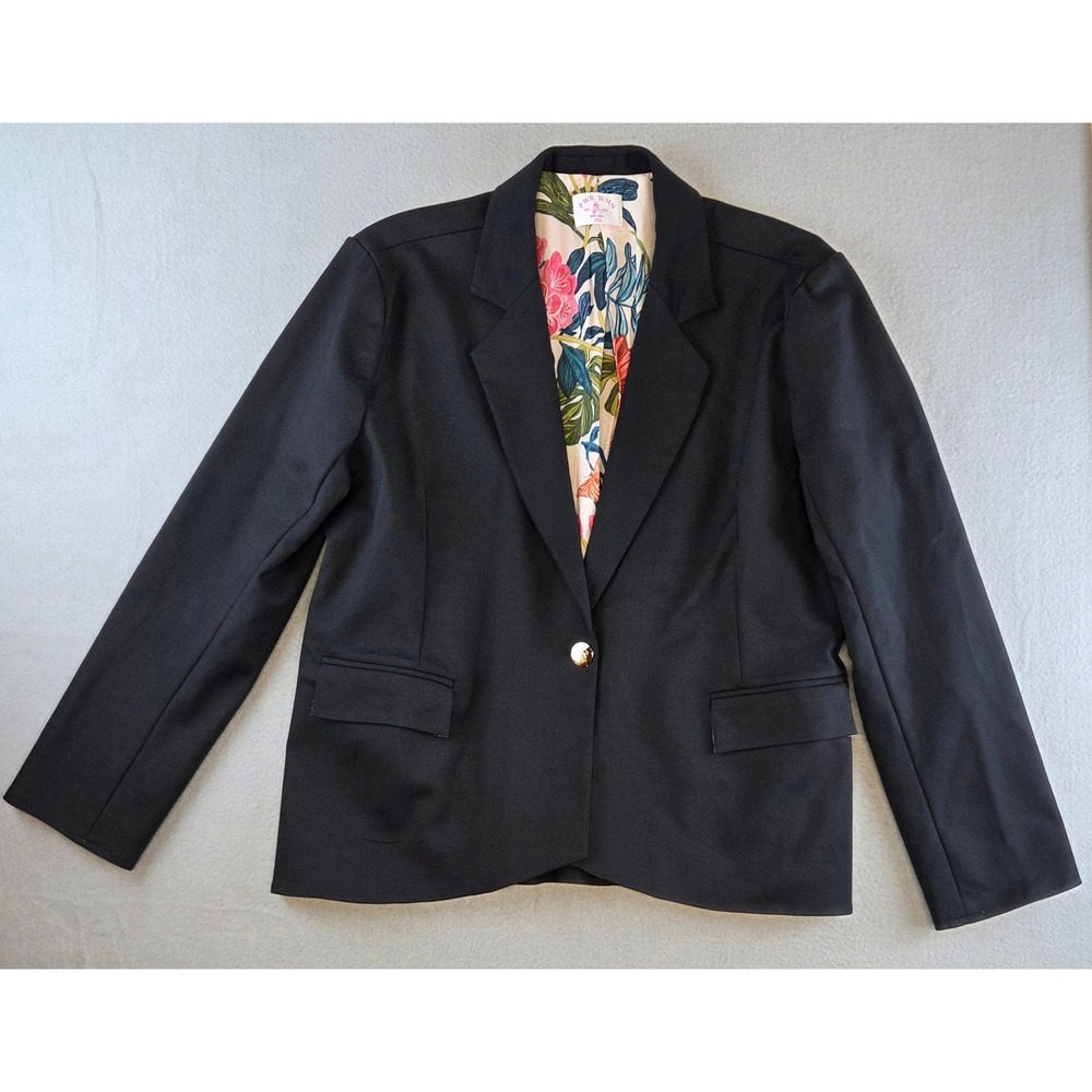 PWR WMN Black Blazer Women 2XL Single Button Floral Lining Cotton Blend Tailored